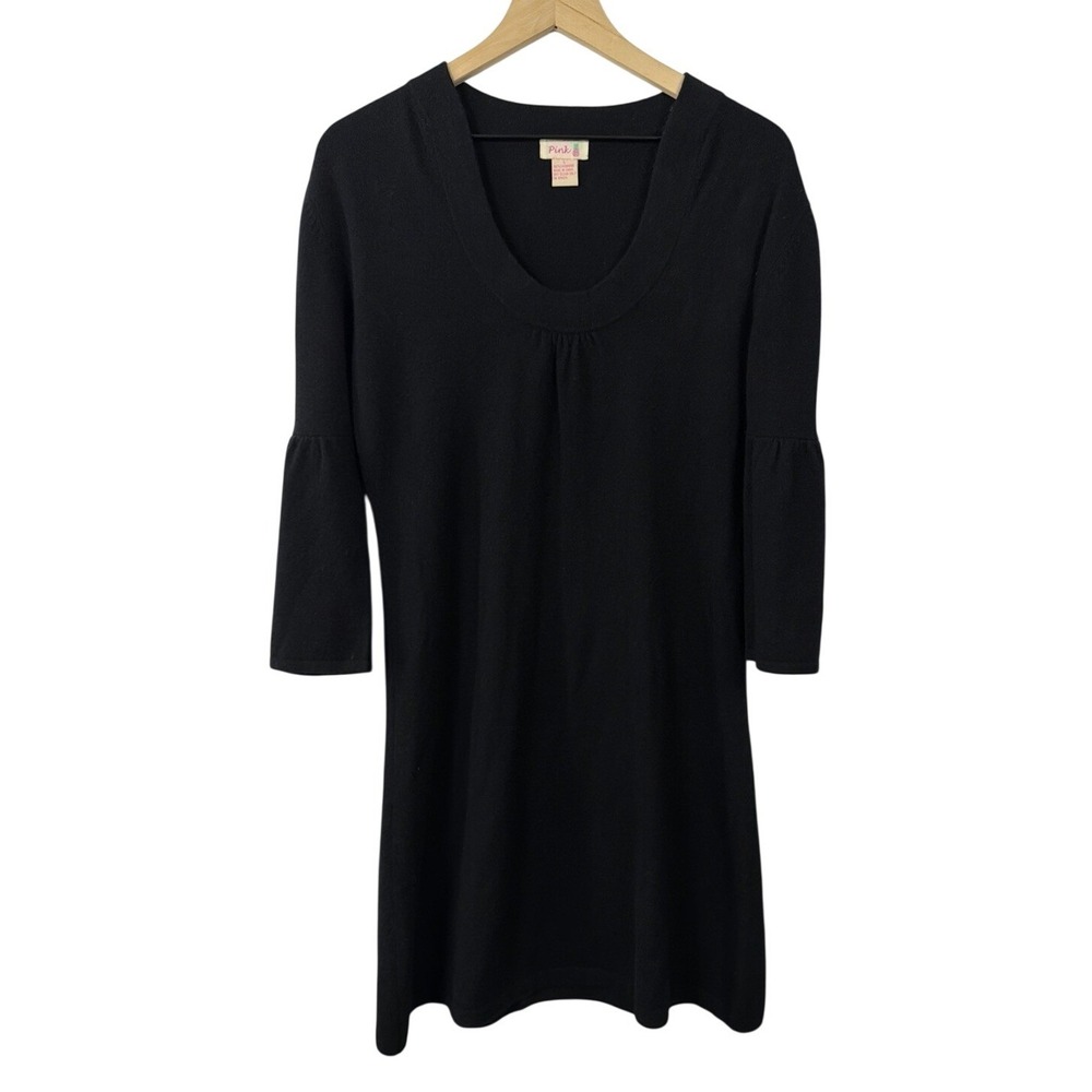 Pink Pineapple Women Black 100% Cashmere Bell Sleeve Scoop Neck Sweater Dress L - Picture 2 of 7